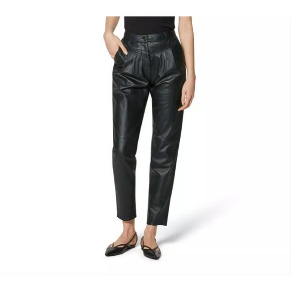 Madeleine Womens Sz 14 UK 10 US Black Lamb Nappa Leather High Waist Pleated Pant - Picture 1 of 7